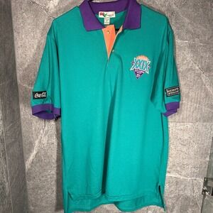 VTG 95 Super Bowl Staff Polo Shirt Mens L NFL‎ Blockbuster Coke Colorblock USA